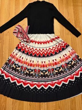 Dalia McPhee Women's Dress Black Top with Red & White Patterned Maxi Skirt Set